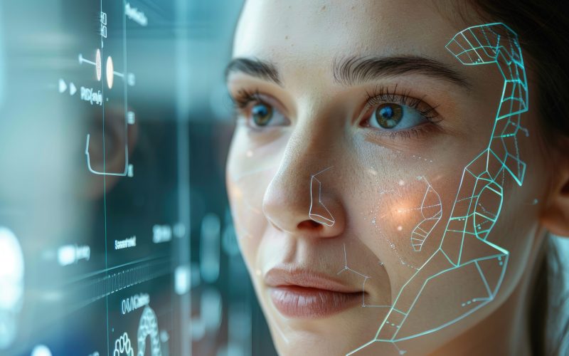 AI in dermatology analyzing skin conditions, detailed scans, diagnostic tools.